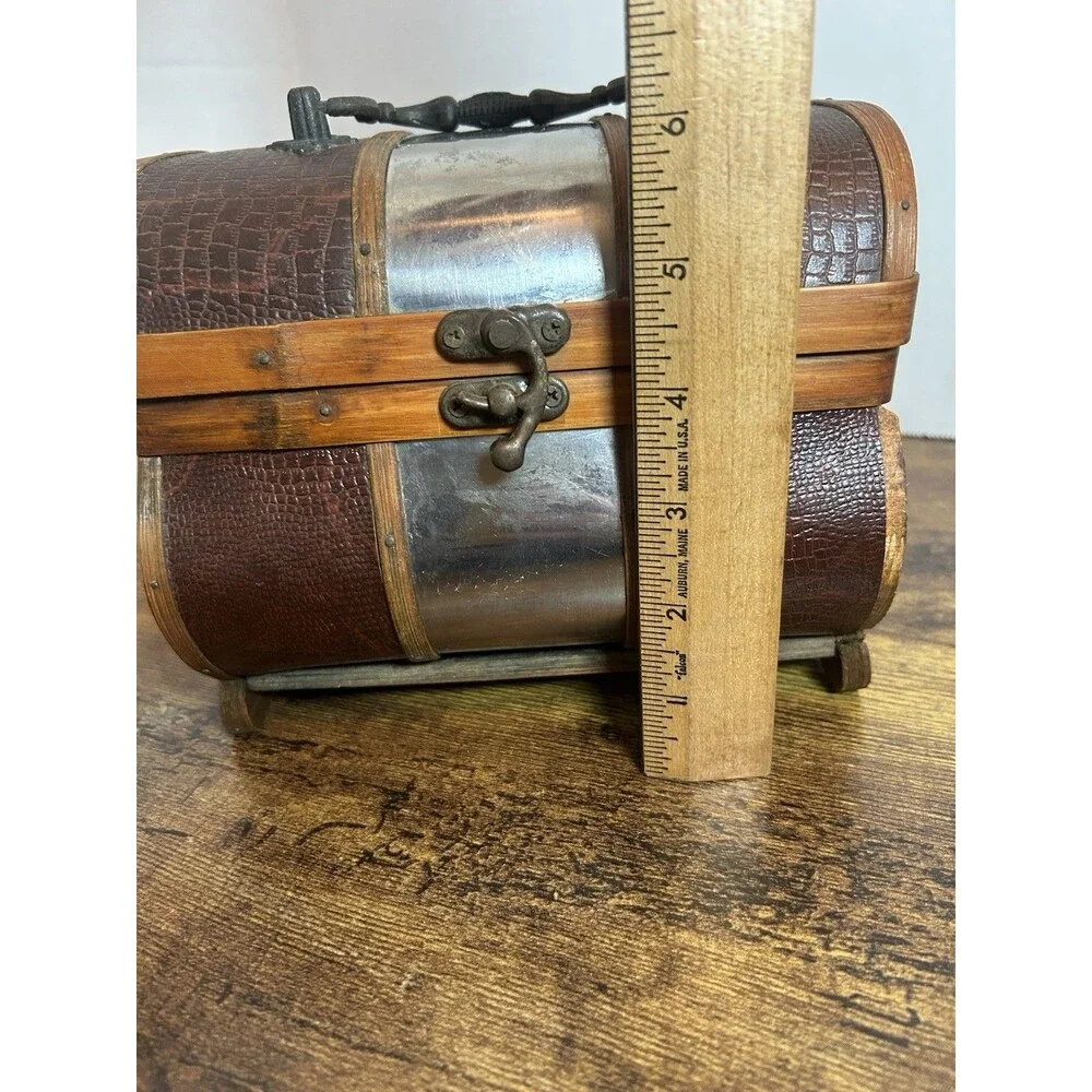 Vintage Treasure Chest Wooden Faux Croc Metal Accent Trinket Box Decorative
